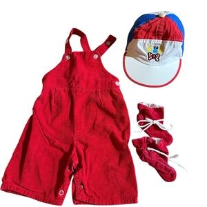 VTG JCPenney Toddletime Red Corduroy Overalls & Clown Hat Set Size 1/2